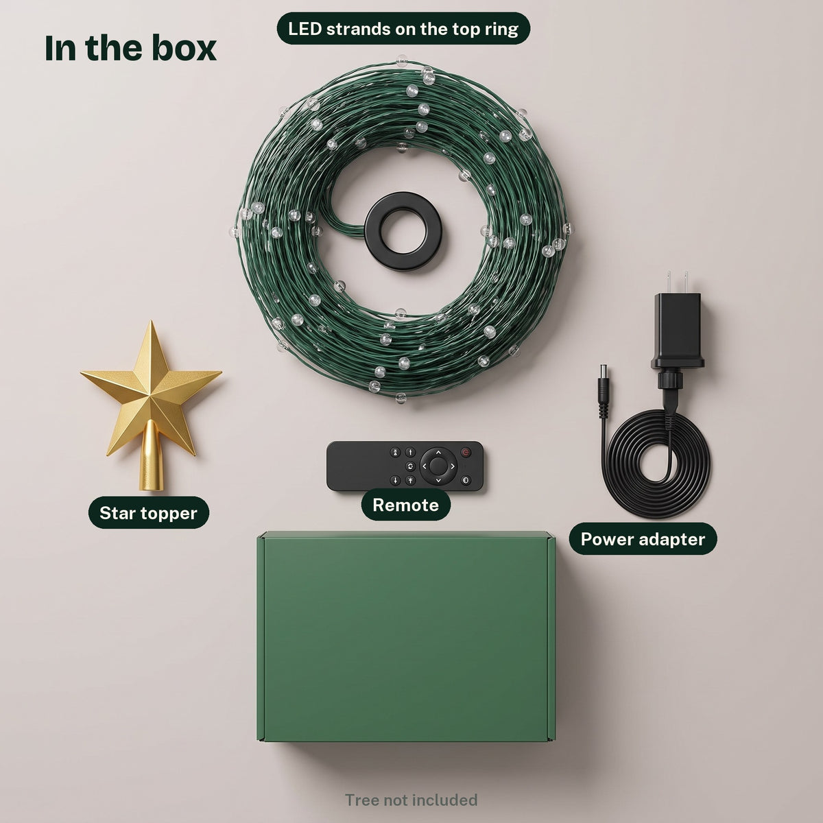 What is in the box: LED strands on the top ring, star topper, remote, power adapter