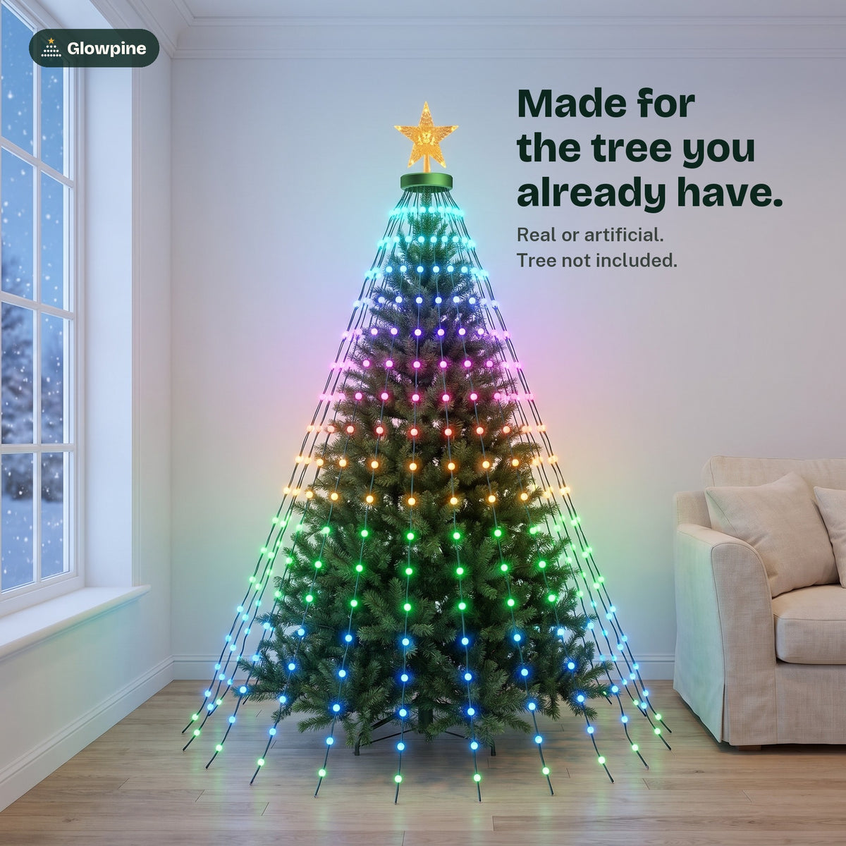 Glowpine lights on an artificial tree in a bright living room, tree not included