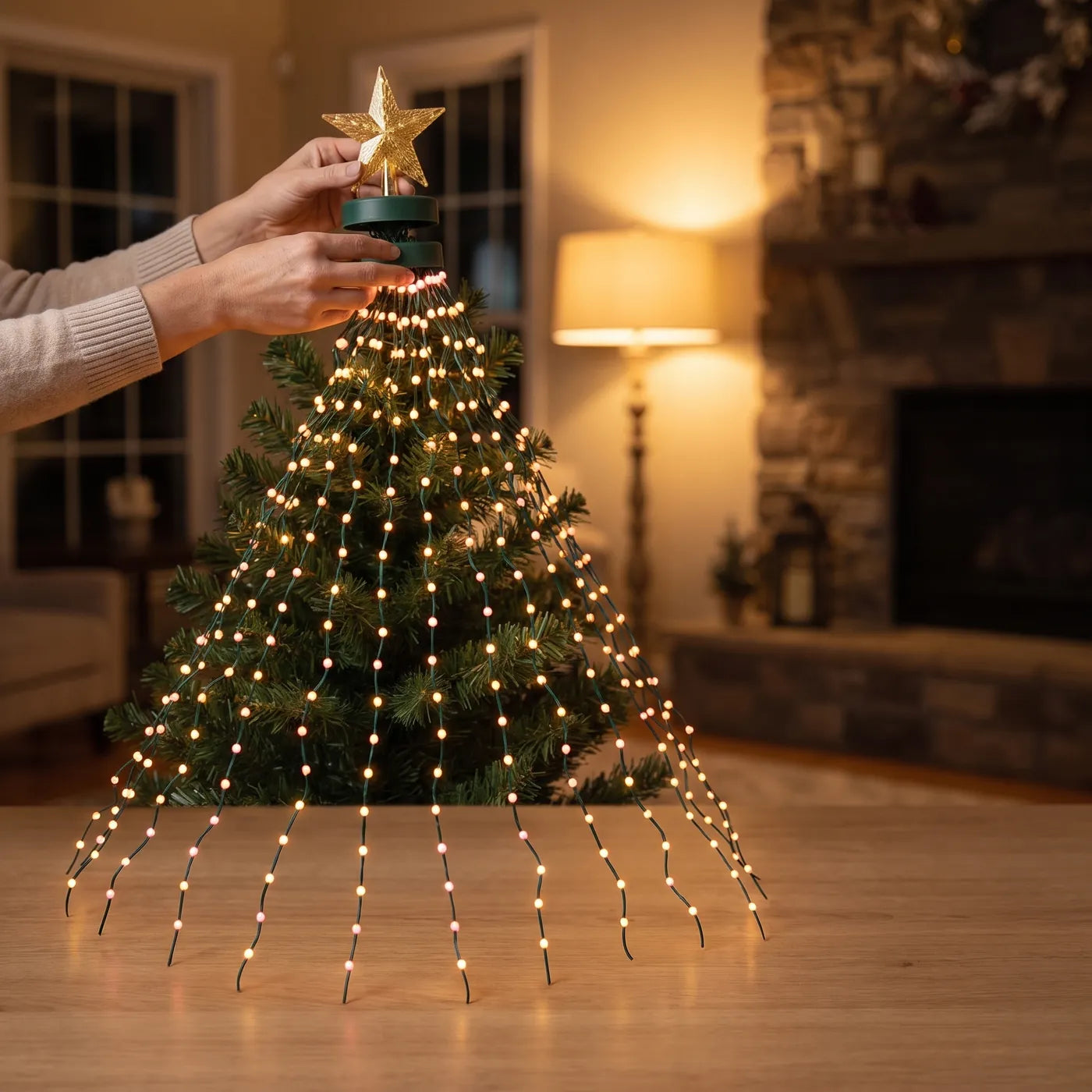Hands setting the Glowpine star topper ring on top of a tree