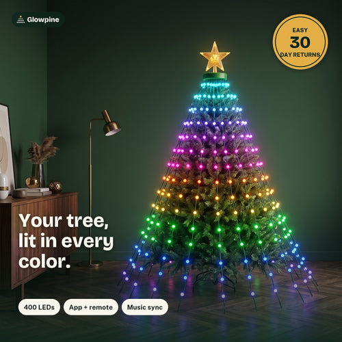 Glowpine Smart Tree Lights glowing in a rainbow on a green Christmas tree