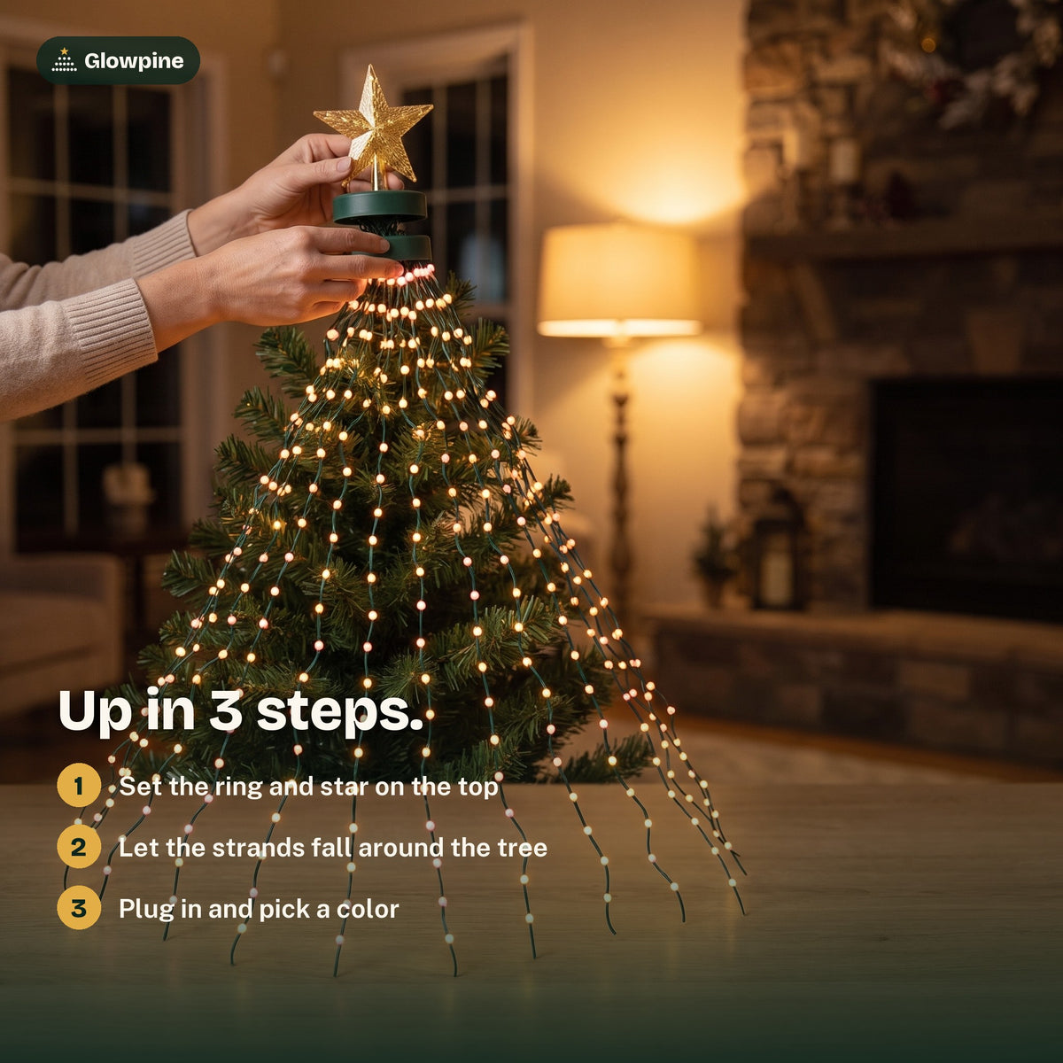 Placing the Glowpine star topper ring on top of the tree, three setup steps