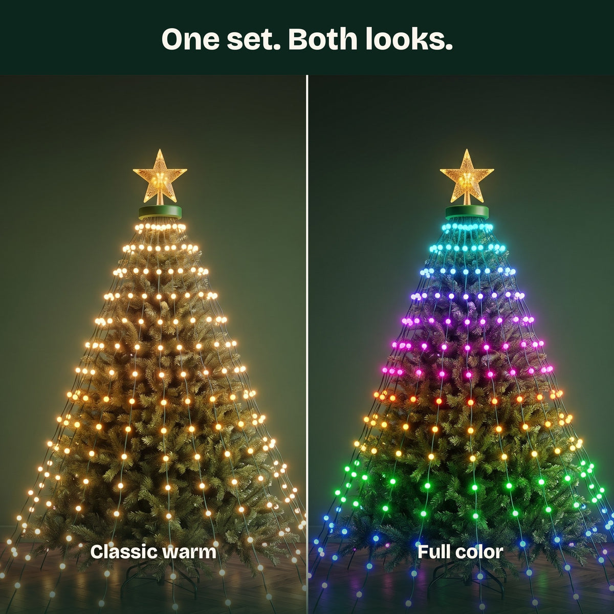 The same tree in classic warm white and in full color
