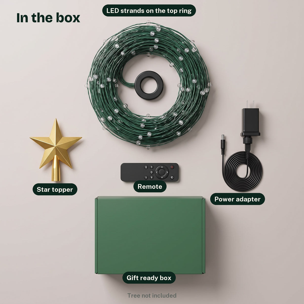 What is in the box: LED strands on the top ring, star topper, remote, power adapter