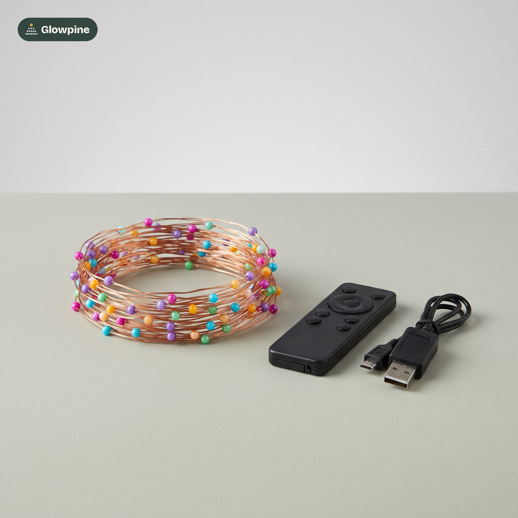 Glowpine Room Lights: the coiled fairy light strand, remote and USB cable