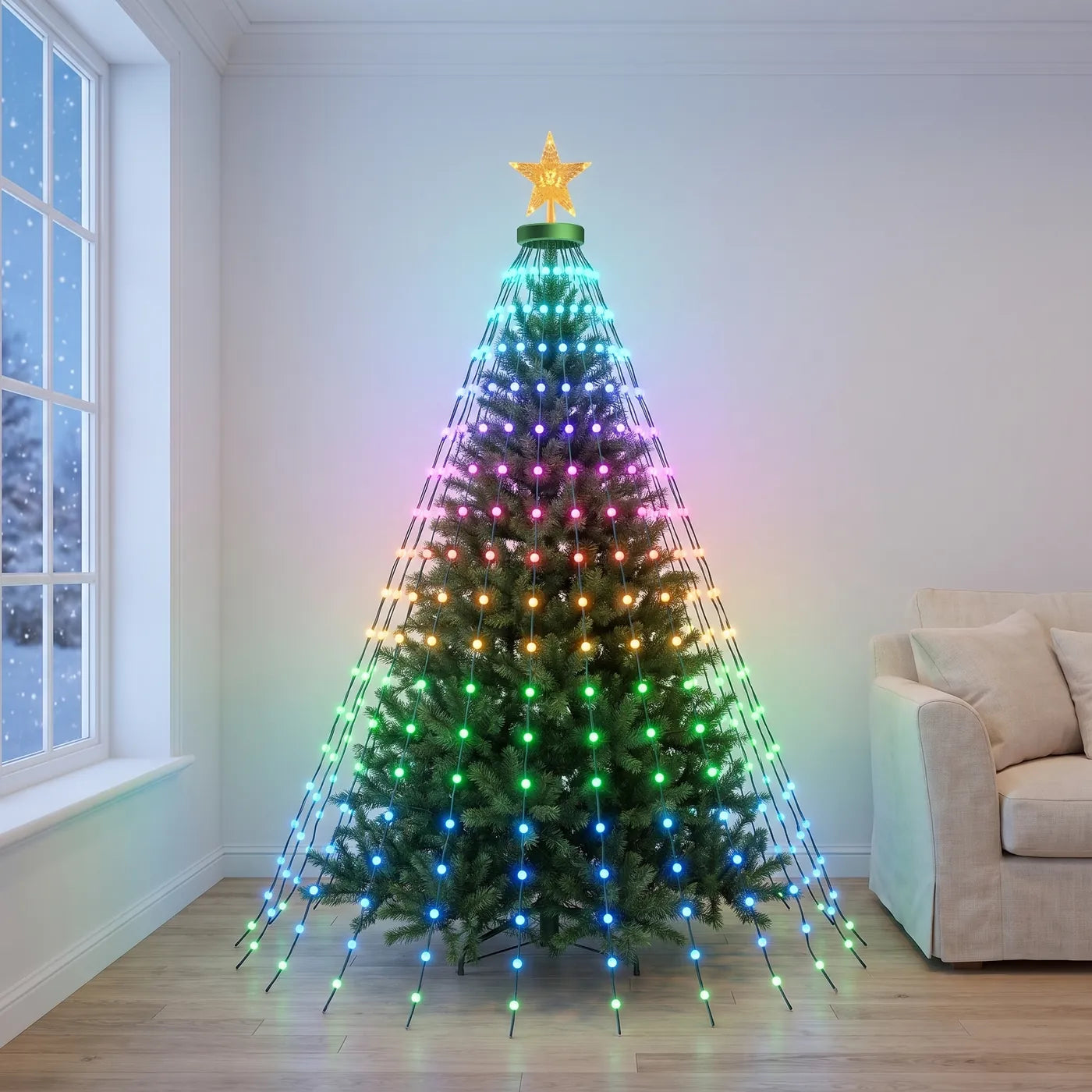 Glowpine lights on an artificial tree in a bright living room