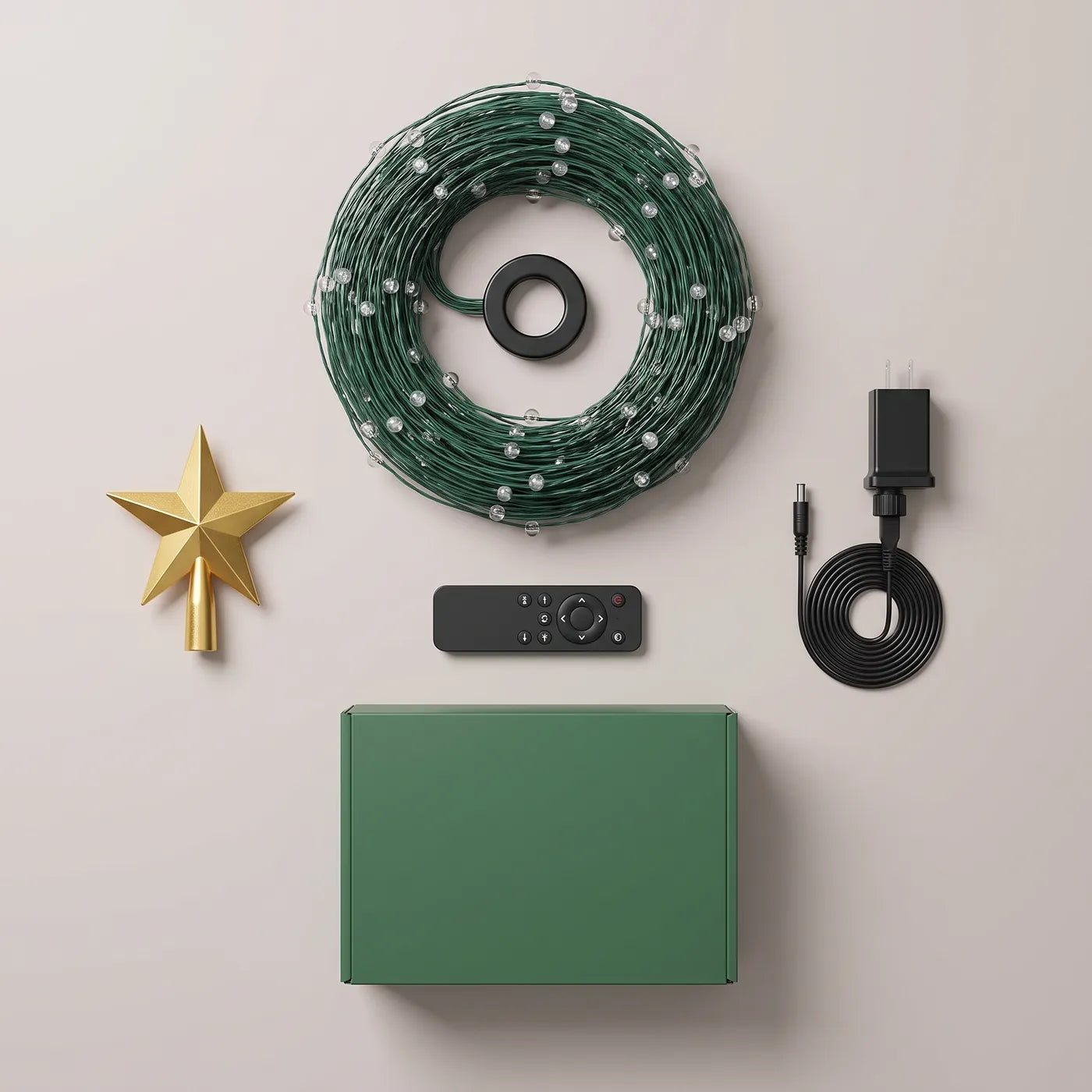 The LED strands on the top ring, star topper, remote and power adapter