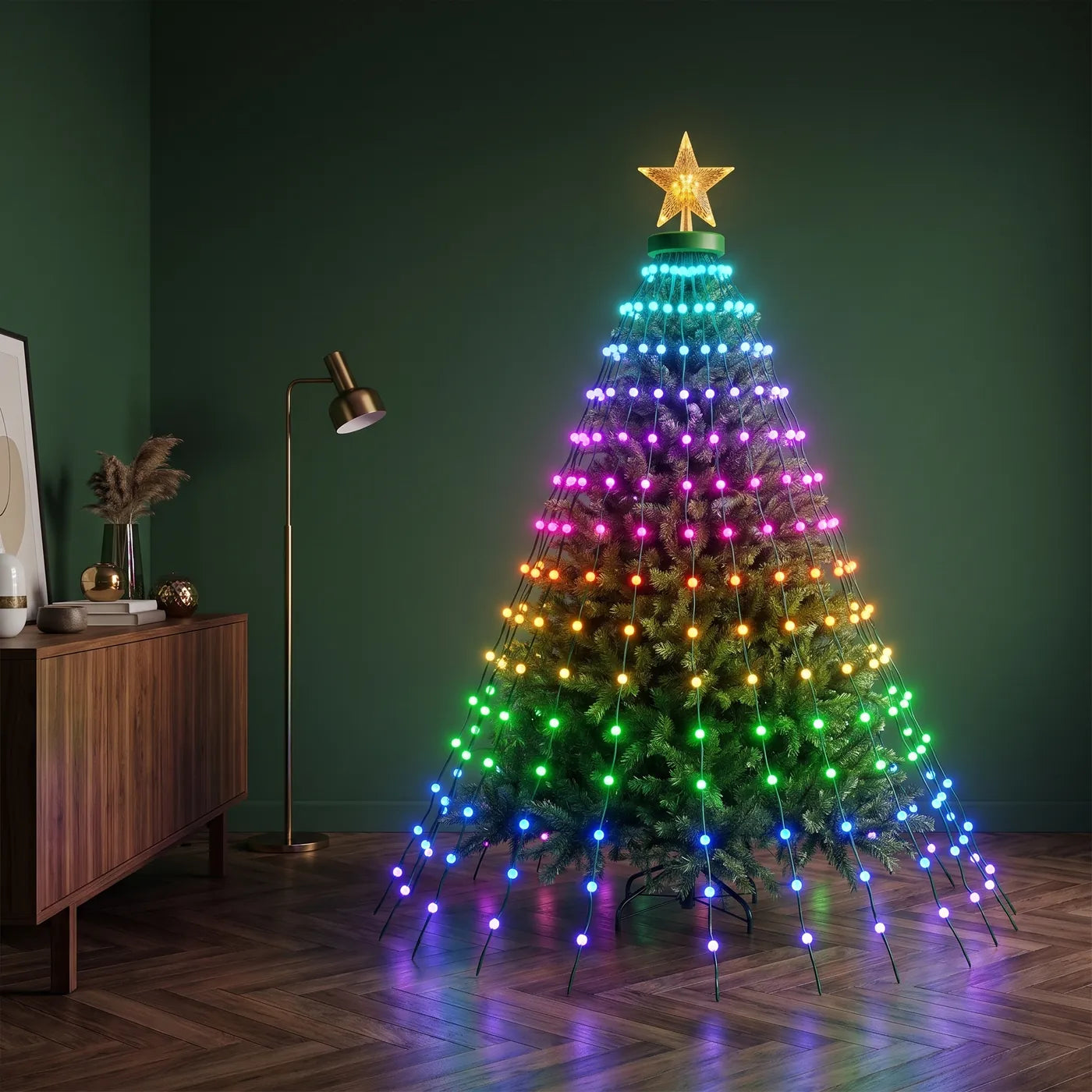 The same tree lit in full rainbow color