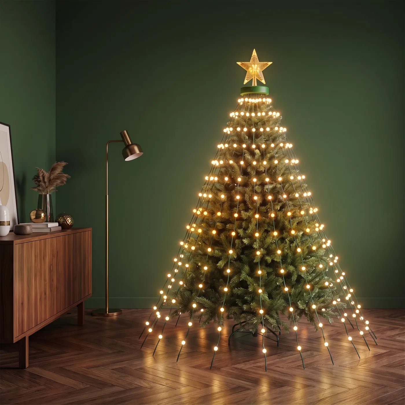 The tree lit in classic warm white